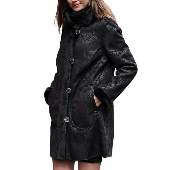 ADELAQUEEN Metallic Jacquard Coat XS Black Reversible Brocade Faux Fur Trim NWOT - Picture 11 of 15